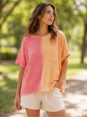 Linen Blend Oversized Raw Hem Colorblock Top UMGEE Size Medium